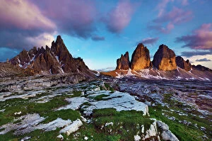 Paternkofel (left) and Tre Cime di Lavaredo mountains a sunset, Tre Cime di Lavaredo
