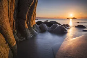 Porth Nanven at sunset, Cot Valley, Cornwall, England, UK. September 2015