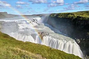 Waterfall Prints: Rainbow over Gullfoss Waterfall on the Hvita River, Iceland. September, 2023