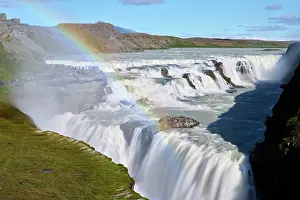 Waterfall Prints: Rainbow over Gullfoss Waterfall on the Hvita River, Iceland. September, 2023