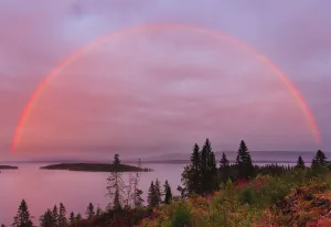 Rainbows Prints: Rainbow over Snsavatnet, at dusk, Nord-Tronelag, Norway, July