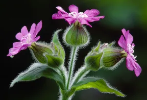 Red Campion (Silene dioica) against shaded background in deciduous woodland, Berwickshire