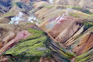 Steam Prints: RF - Aerial view of rhyolite mountains and geothermal vents