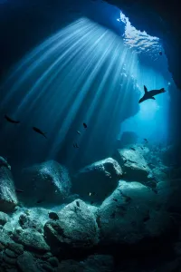 2019 October Highlights Collection: RF - Silhouette of a California sea lion (Zalophus californianus) swimming through