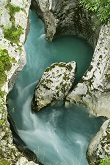 River Soca flowing through Velika korita showing erosion, Triglav National Park, Slovenia