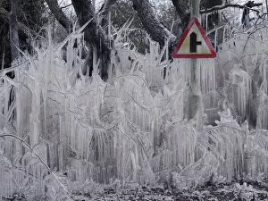 June 2021 Highlights Gallery: Road covered in icicles from splashed flood water, Hertfordshire, England, UK, February
