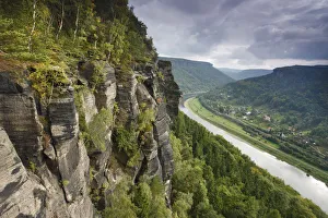 Czech Republic Prints: Rock face in forest with Elbe River, Elbe Landscape protected area, Ceske Svycarsko