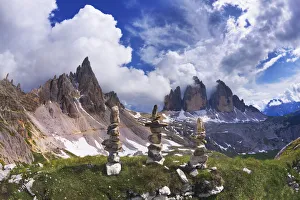Dolomites Prints: Rock piles with the Paternkofel and Tre Cime di Lavaredo mountains, Sexten Dolomites