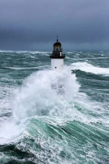 Rough seas at d Ar-Men lighthouse during Storm Ruth, Ile de Sein, Armorique