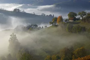 Rural landscape with morning mist near Zarnesti, Transylvania, Southern Carpathian Mountains