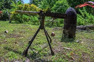 Equipment Prints: Rusty remains of an old machine gun and torpedo from WW2 in a community on Emirau Island