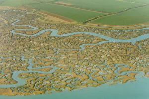 Saltmarsh and reclaimed agricultural land from the air. Abbotts Hall Farm, Essex
