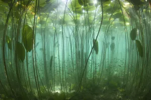 School of Perch (Perca fluviatilis) amongst Water lilies (Nuphar lutea) lit by the suns rays