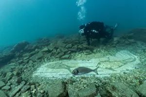 Culture Prints: Scuba diver exploring ancient Roman mosaic from the third century AD