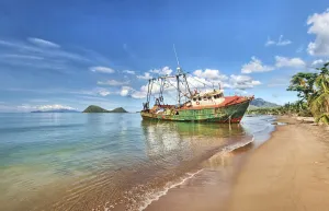 2019 July Highlights Collection: Shipwreck washed ashore by hurricane Maria. Dominica, December 2017. Stitched panorama