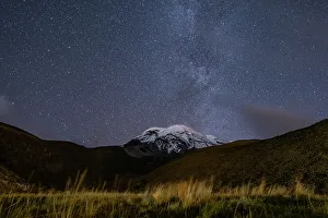 Summit Prints: Snowcapped peak of Chimborazo volcano at night with part of the Milkyway visible in sky above