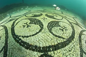 Culture Prints: Detail of splendid ancient Roman tessellatum mosaic in black and white decorated with pattern of hexagons