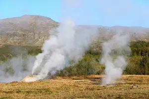Steam Prints: Steam from geothermal vents / fumaroles, Geysir, Selfoss, Iceland. September, 2023