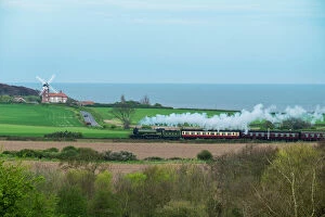 Images Dated 17th July 2014: Steam train on the Heritage Poppy Line from Sheringham to Holt, with Weybourne Mill in background