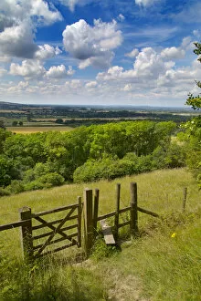 Stile and footpath, Aldbury Nowers Nature Reserve, the Chilterns, Hertfordshire, UK