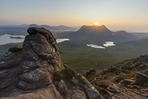 Summer sunrise looking towards Cul Mor from Stac Pollaidh, Inverpolly, Highlands, Scotland. August, 2019