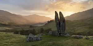 Sunrise behind Praying Hands of Mary (Fionns Rock), looking east, Glen Lyon, Perthshire, Scotland. September, 2019