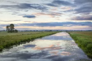 Images Dated 9th June 2011: Sunrise with reflection of clouds in Kings Sedgemoor Drain, Greylake, Somerset Levels