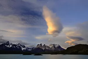 Sunset clouds over Paine mountains, seen from Pehoe Lake, Torres del Paine National Park
