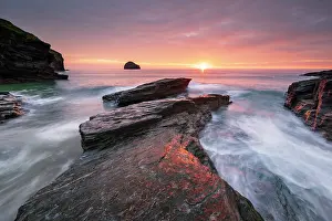 High Tide Prints: Sunset over high tide at Trebarwith Strand, North Cornwall, England, UK. May, 2024