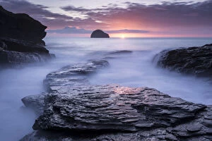 The Magic Moment Collection: Sunset at Trebarwith Strand with incoming tide, North Cornwall, UK. March 2014