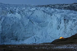 Glaciers Prints: Tent at night next to Russell Glacier, Greenland, August 2009
