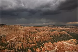 A thunderstorm drops heavy rain over the hoodoo sandstone formations. Bryce Canyon National Park