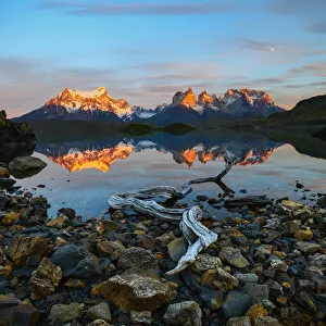 Stones Prints: Towers and Central Massif reflected in Lago Pehoe at sunrise