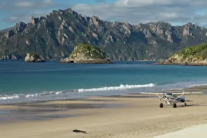 Islands Prints: Transport plane on the beach runway of Codfish Island with the Ruggedy Range of Stewart Island in the background