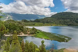 Chubut Prints: Verde Lake surrounded by termperate rainforest and the Arrayanes River suspension bridge