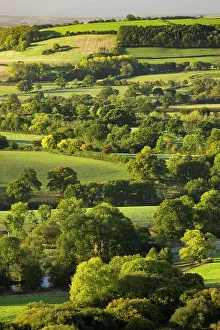 View across fields, farmland and hedgerows in the rolling countryside around Ansty, Dorset, England, UK. October, 2022