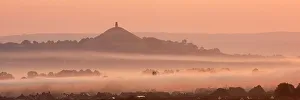 Somerset Prints: View towards Glastonbury Tor with low lying mist at sunrise from Waltons Hill