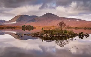 Moors Prints: View of Lochan na h Achlaise and mountains behind
