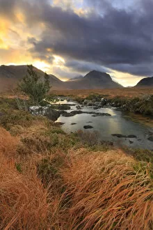 View looking towards Marsco, with stormy sky and the River Sligachan in foreground