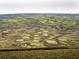 View of patchwork moorland landscape, a result of Heather (Calluna vulgaris) burning, Arkengarthdale, Yorkshire Dales, UK. June, 2023