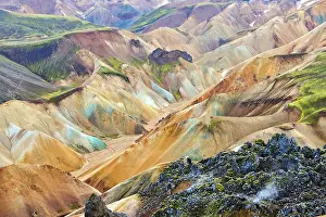 Volcano Prints: View of rhyolite mountains and solidified lava