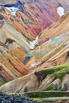 Volcano Prints: View of rhyolite mountains and solidified lava