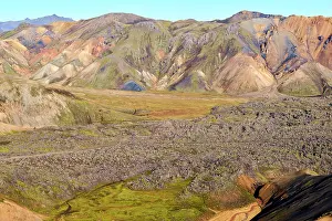 Lava Prints: View of rhyolite mountains and solidified lava fields