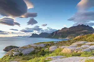 Nordic Countries Prints: View along rugged coastline during midnight sun, Nordland, Norway. June, 2022