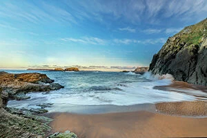 View of secluded beach near Ballintoy Harbour, County Antrim, Irish Sea, Northern Ireland. December, 2021