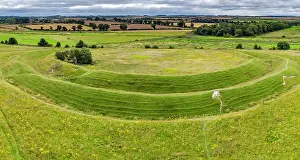 Grass Prints: View of Warham camp Iron Age fort, Wells-next-the-Sea, Norfolk, England, UK. August, 2021