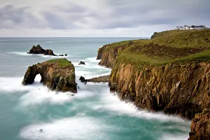 Time Exposure Prints: View of waves crashing against the cliffs at Land's end