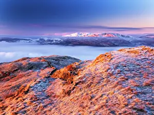 Cold Weather Prints: Wansfell covered in frost, with fog covered valley and Coniston Hills behind