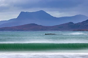 Calm Coasts Collection: Waves breaking on the beach at Mellon Udrigle, with Beinn Ghobhlach mountain in background