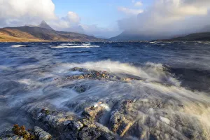 Sutherland Prints: Waves crashing on Loch Bad a Ghaill, Assynt, Highlands of Scotland, UK, January 2016